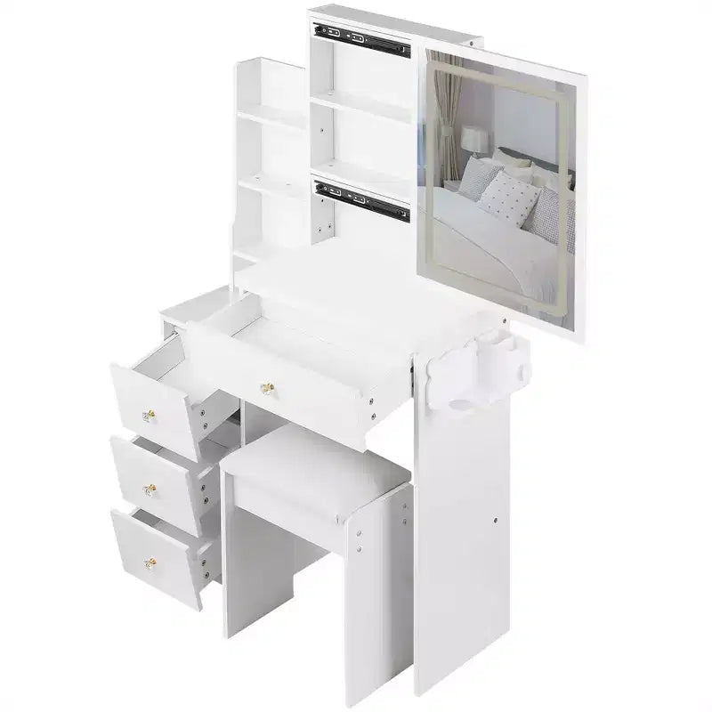 Okak kleine kaptafel van 29.2IN met gevoerde kruk en haardrogerstandaard, make-uptafel met stroomstation en 3-kleurenschakelaar, kaptafel