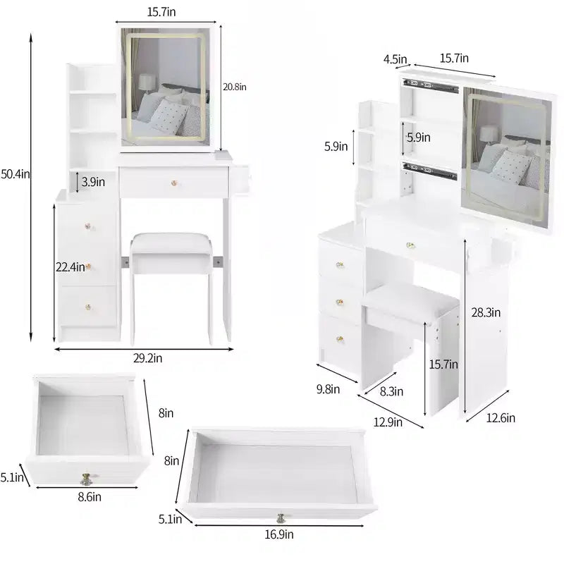 Okak kleine kaptafel van 29.2IN met gevoerde kruk en haardrogerstandaard, make-uptafel met stroomstation en 3-kleurenschakelaar, kaptafel