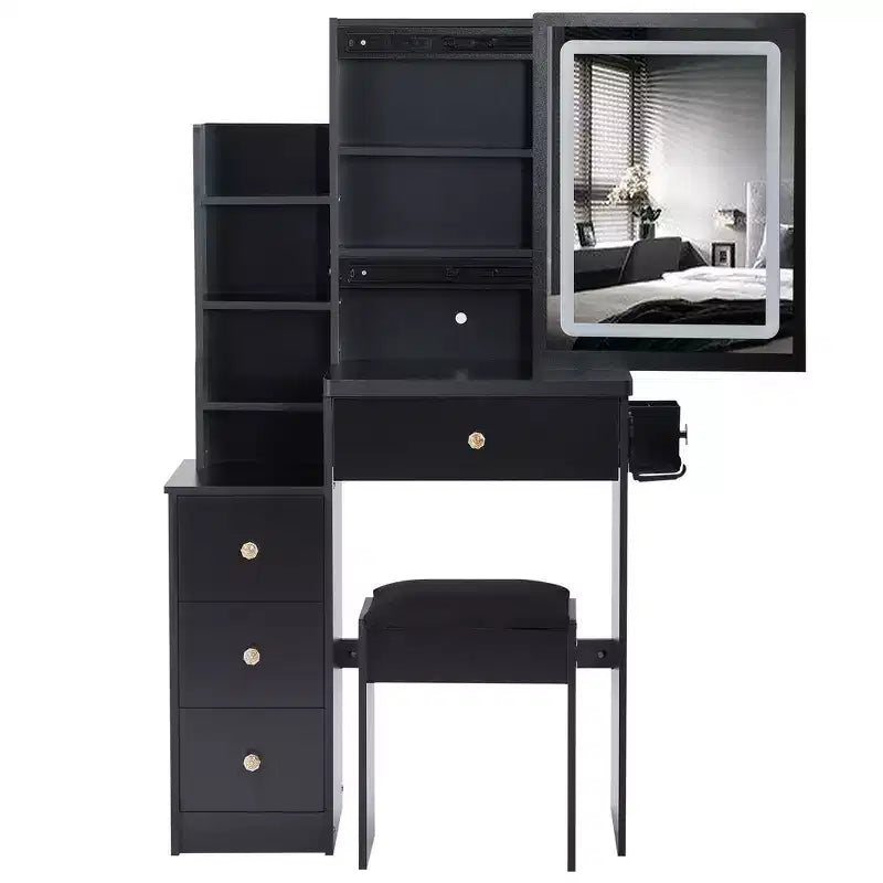 Okak kleine kaptafel van 29.2IN met gevoerde kruk en haardrogerstandaard, make-uptafel met stroomstation en 3-kleurenschakelaar, kaptafel