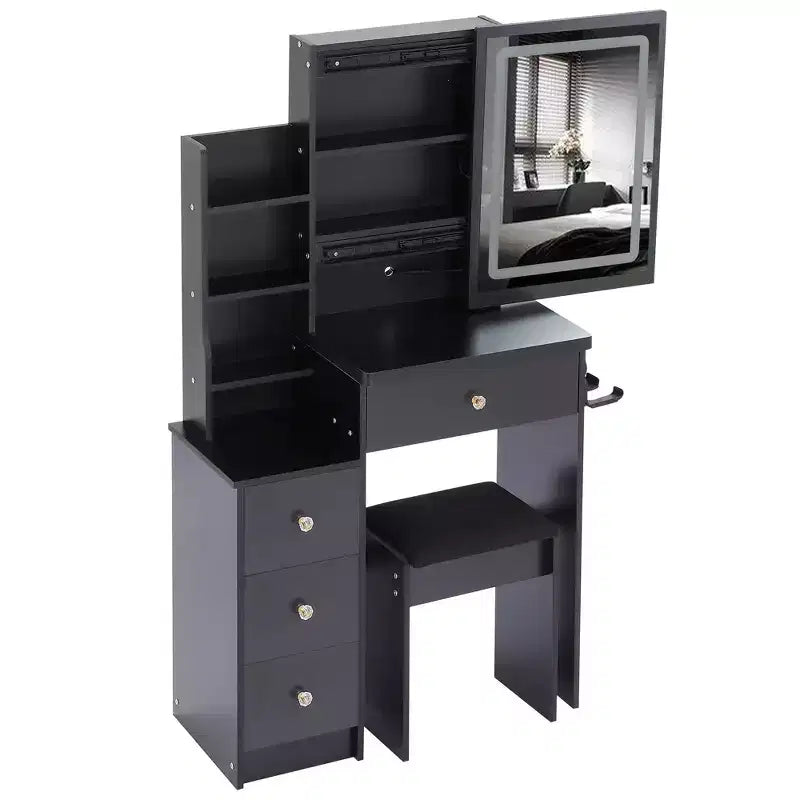 Okak kleine kaptafel van 29.2IN met gevoerde kruk en haardrogerstandaard, make-uptafel met stroomstation en 3-kleurenschakelaar, kaptafel