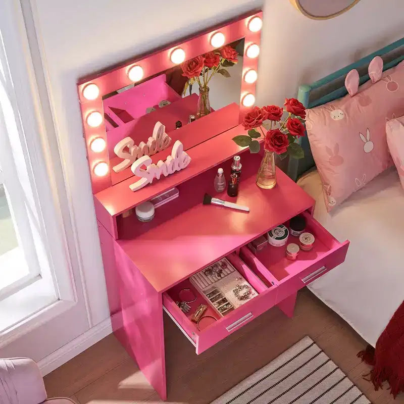 Okak eleganter Schminktisch mit breitem Spiegel, kleiner Schminktisch mit 2 Schubladen und Ablage, kompakter Schminktisch für Schlafzimmer, Wohnzimmer oder Studio