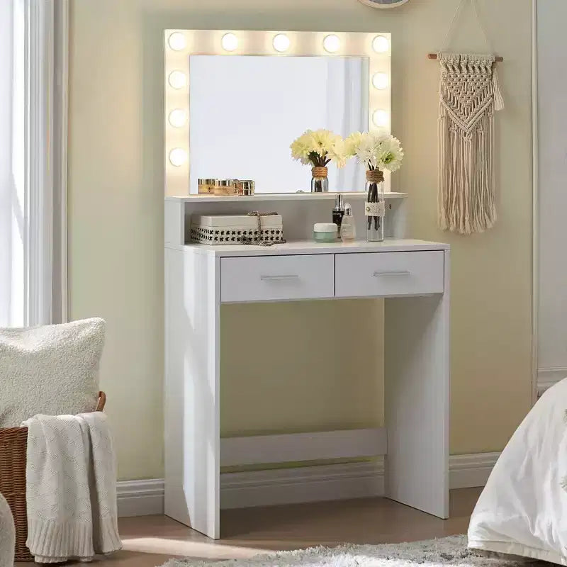 Okak eleganter Schminktisch mit breitem Spiegel, kleiner Schminktisch mit 2 Schubladen und Ablage, kompakter Schminktisch für Schlafzimmer, Wohnzimmer oder Studio