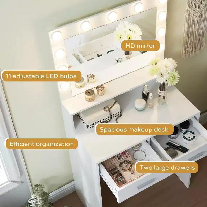 Okak eleganter Schminktisch mit breitem Spiegel, kleiner Schminktisch mit 2 Schubladen und Ablage, kompakter Schminktisch für Schlafzimmer, Wohnzimmer oder Studio