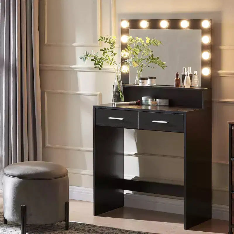 Okak eleganter Schminktisch mit breitem Spiegel, kleiner Schminktisch mit 2 Schubladen und Ablage, kompakter Schminktisch für Schlafzimmer, Wohnzimmer oder Studio
