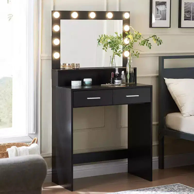Okak eleganter Schminktisch mit breitem Spiegel, kleiner Schminktisch mit 2 Schubladen und Ablage, kompakter Schminktisch für Schlafzimmer, Wohnzimmer oder Studio