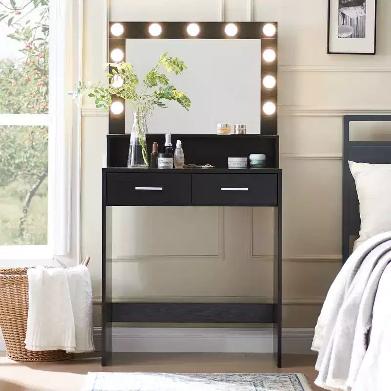 Okak eleganter Schminktisch mit breitem Spiegel, kleiner Schminktisch mit 2 Schubladen und Ablage, kompakter Schminktisch für Schlafzimmer, Wohnzimmer oder Studio