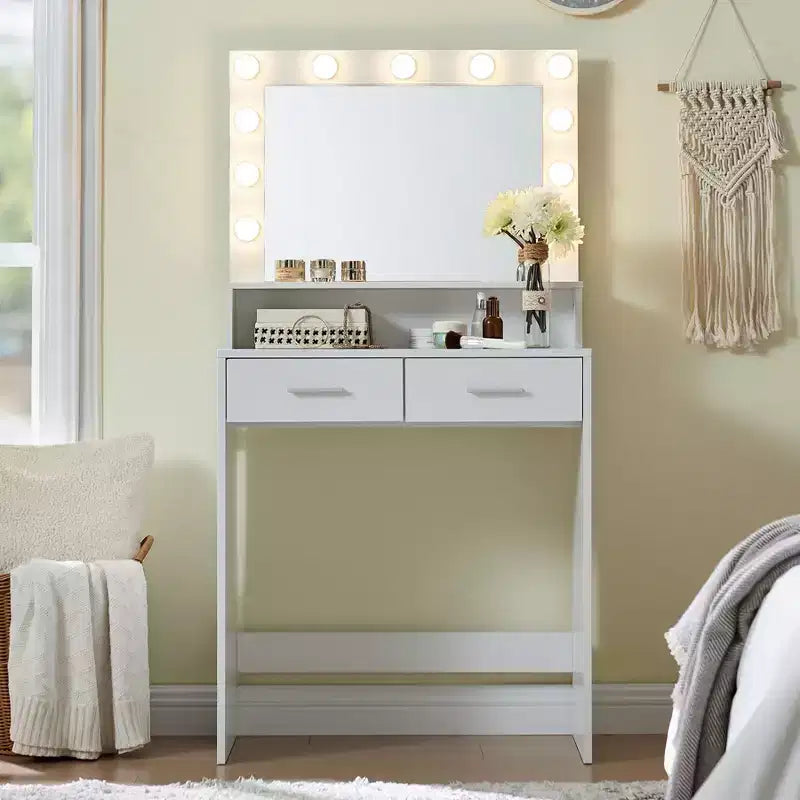 Okak Elegent Vanity Desk with Wide Mirror, Small Vanity Desk with 2 Drawers and Shelf, Compact Vanity for Bedroom, Living Room, Studio
