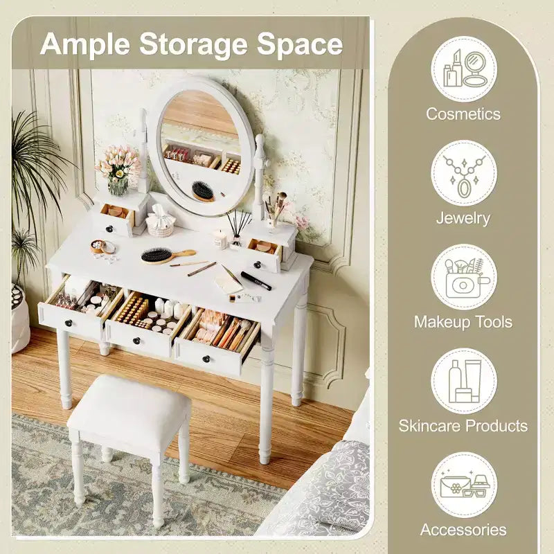 Coiffeuse de maquillage vintage en bois Okak avec miroir à angle réglable, table de maquillage avec 5 tiroirs et tabouret rembourré, coiffeuse pour chambre