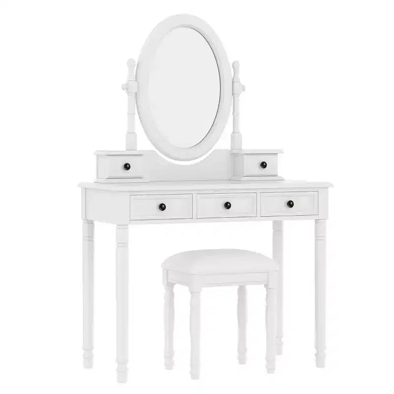 Coiffeuse de maquillage vintage en bois Okak avec miroir à angle réglable, table de maquillage avec 5 tiroirs et tabouret rembourré, coiffeuse pour chambre