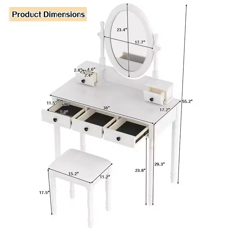 Coiffeuse de maquillage vintage en bois Okak avec miroir à angle réglable, table de maquillage avec 5 tiroirs et tabouret rembourré, coiffeuse pour chambre