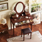 Coiffeuse de maquillage vintage en bois Okak avec miroir à angle réglable, table de maquillage avec 5 tiroirs et tabouret rembourré, coiffeuse pour chambre