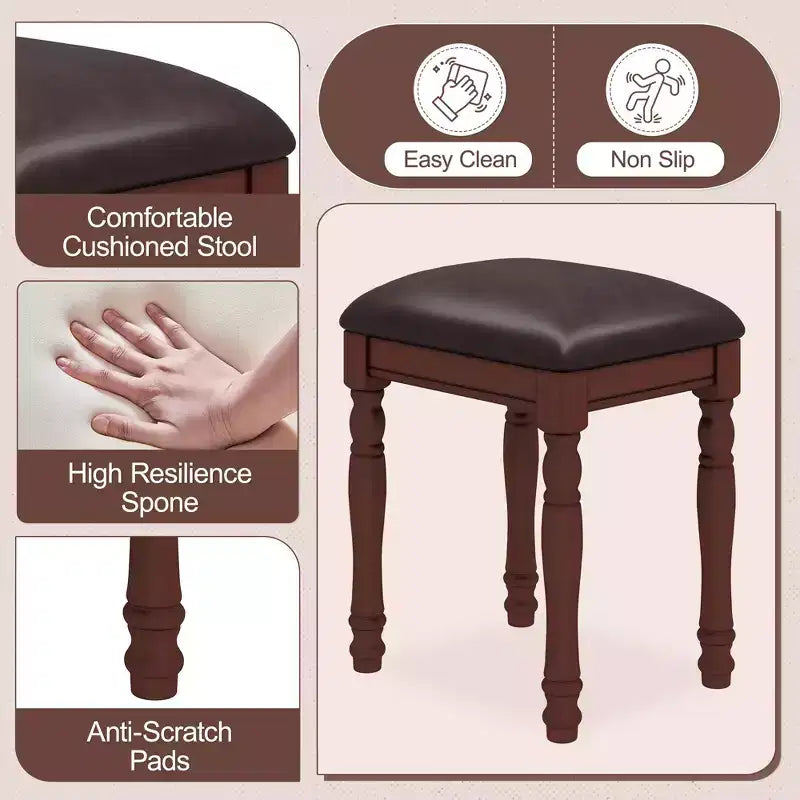 Coiffeuse de maquillage vintage en bois Okak avec miroir à angle réglable, table de maquillage avec 5 tiroirs et tabouret rembourré, coiffeuse pour chambre