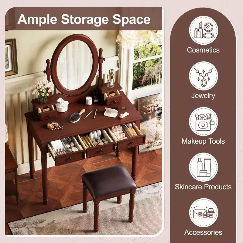 Coiffeuse de maquillage vintage en bois Okak avec miroir à angle réglable, table de maquillage avec 5 tiroirs et tabouret rembourré, coiffeuse pour chambre