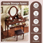 Coiffeuse de maquillage vintage en bois Okak avec miroir à angle réglable, table de maquillage avec 5 tiroirs et tabouret rembourré, coiffeuse pour chambre