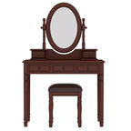 Coiffeuse de maquillage vintage en bois Okak avec miroir à angle réglable, table de maquillage avec 5 tiroirs et tabouret rembourré, coiffeuse pour chambre