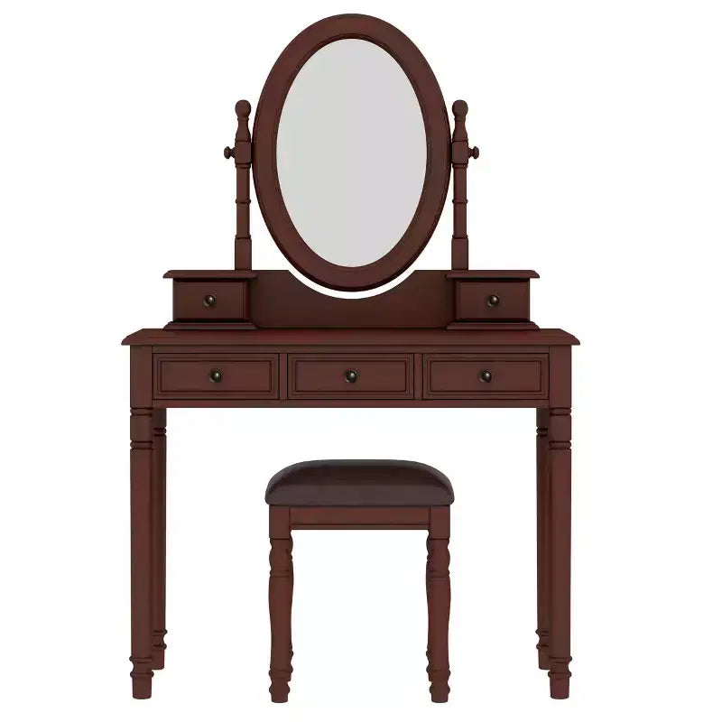Coiffeuse de maquillage vintage en bois Okak avec miroir à angle réglable, table de maquillage avec 5 tiroirs et tabouret rembourré, coiffeuse pour chambre