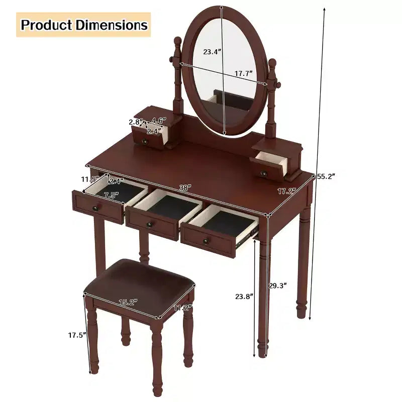 Coiffeuse de maquillage vintage en bois Okak avec miroir à angle réglable, table de maquillage avec 5 tiroirs et tabouret rembourré, coiffeuse pour chambre
