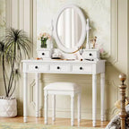 Coiffeuse de maquillage vintage en bois Okak avec miroir à angle réglable, table de maquillage avec 5 tiroirs et tabouret rembourré, coiffeuse pour chambre