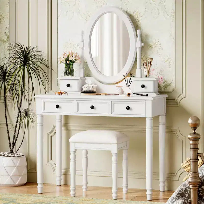 Coiffeuse de maquillage vintage en bois Okak avec miroir à angle réglable, table de maquillage avec 5 tiroirs et tabouret rembourré, coiffeuse pour chambre