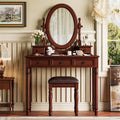 Coiffeuse de maquillage vintage en bois Okak avec miroir à angle réglable, table de maquillage avec 5 tiroirs et tabouret rembourré, coiffeuse pour chambre
