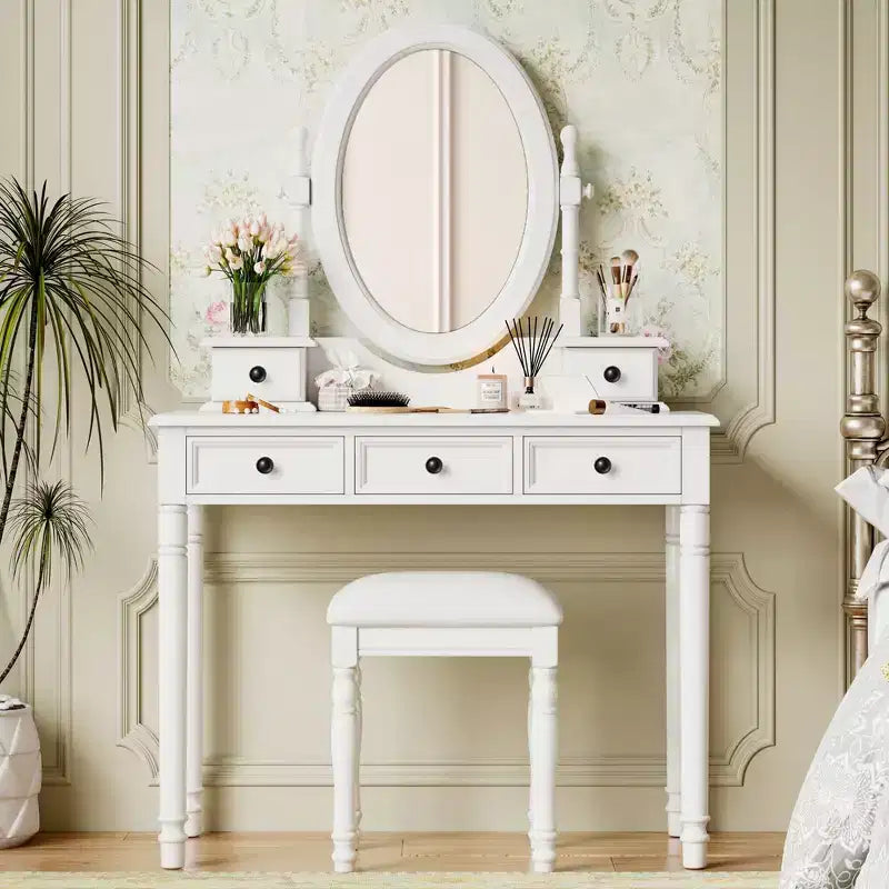 Okak Vintage Wooden Makeup Vanity with Adjustable Angle Mirror, Vanity Table with 5 Drawers and Cushioned Stool, Vanity Desk for Bedroom