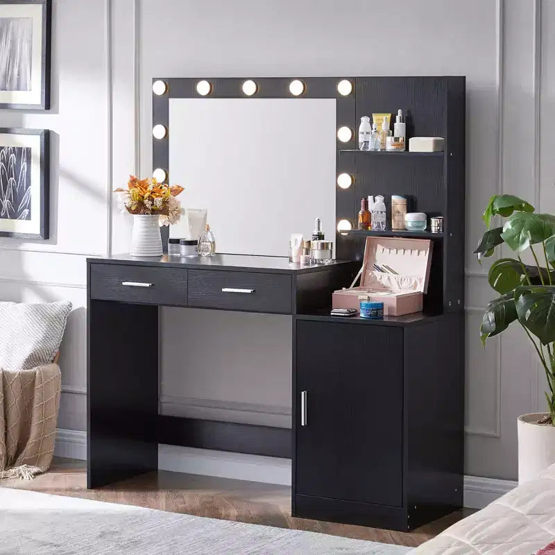 Okak 46.4IN Vanity Desk with Large Rectangular Mirror, Makeup Vanity with 2 Drawer and 1 Large Cabinet, Vanity Table for Bedroom, Living Room