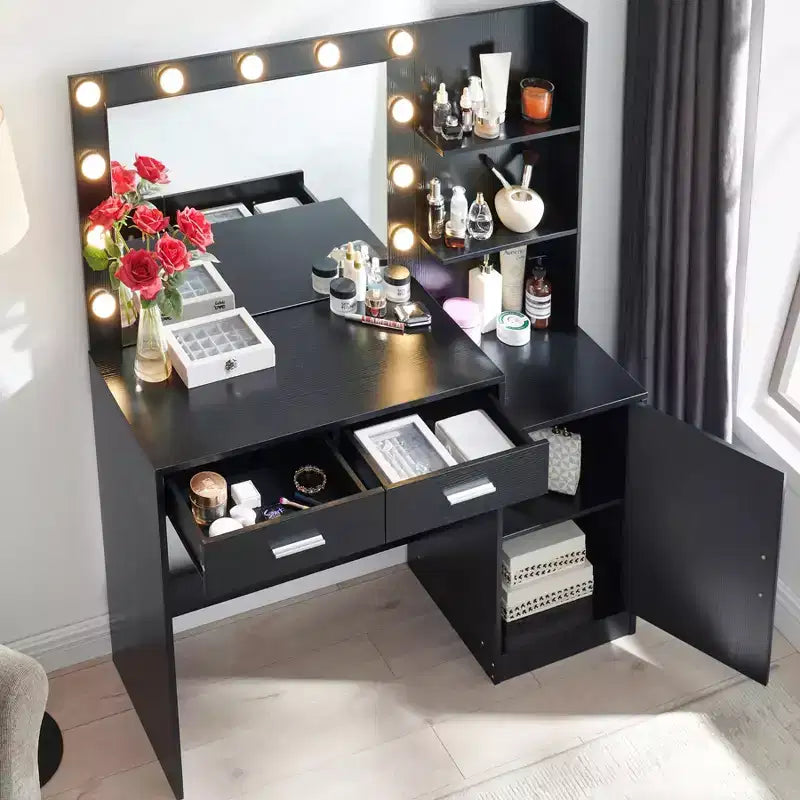Okak 46.4IN Vanity Desk with Large Rectangular Mirror, Makeup Vanity with 2 Drawer and 1 Large Cabinet, Vanity Table for Bedroom, Living Room