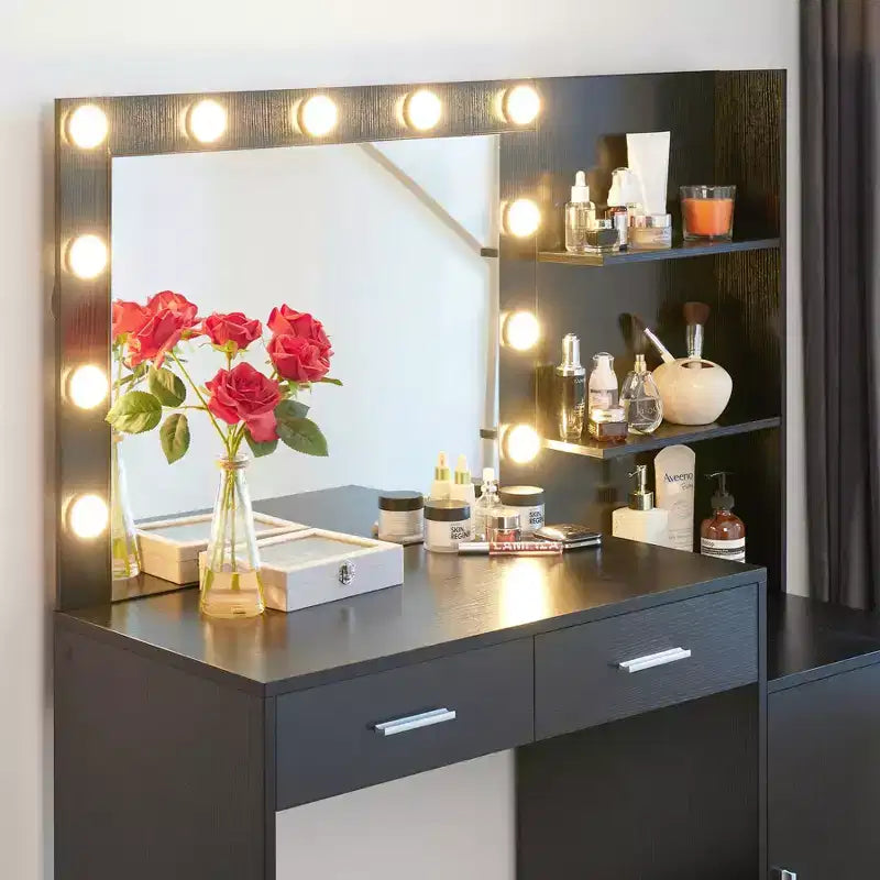 Okak 46.4IN Vanity Desk with Large Rectangular Mirror, Makeup Vanity with 2 Drawer and 1 Large Cabinet, Vanity Table for Bedroom, Living Room