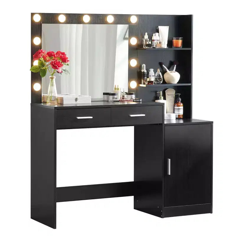 Okak 46.4IN Vanity Desk with Large Rectangular Mirror, Makeup Vanity with 2 Drawer and 1 Large Cabinet, Vanity Table for Bedroom, Living Room