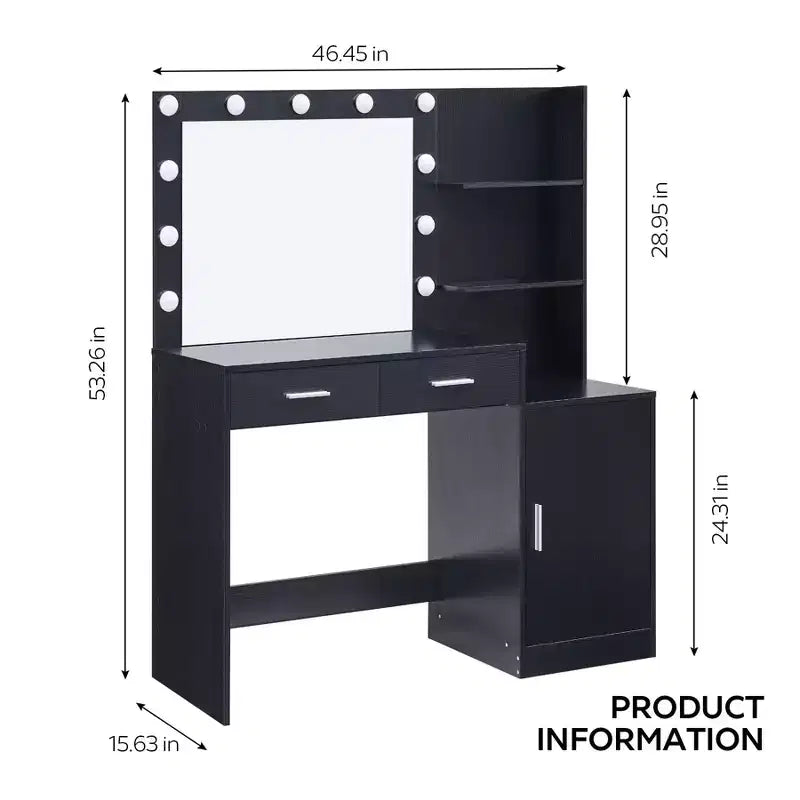 Okak 46.4IN Vanity Desk with Large Rectangular Mirror, Makeup Vanity with 2 Drawer and 1 Large Cabinet, Vanity Table for Bedroom, Living Room