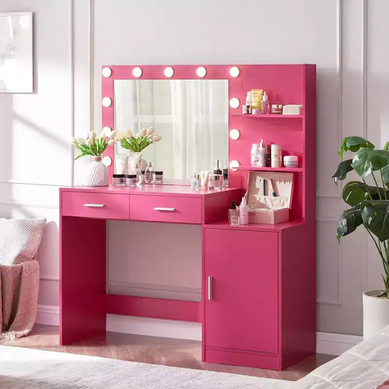 Okak 46.4IN Vanity Desk with Large Rectangular Mirror, Makeup Vanity with 2 Drawer and 1 Large Cabinet, Vanity Table for Bedroom, Living Room