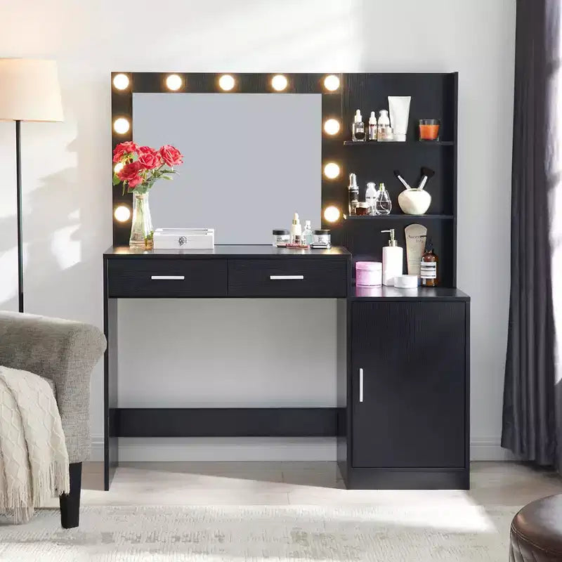 Okak 46.4IN Vanity Desk with Large Rectangular Mirror, Makeup Vanity with 2 Drawer and 1 Large Cabinet, Vanity Table for Bedroom, Living Room