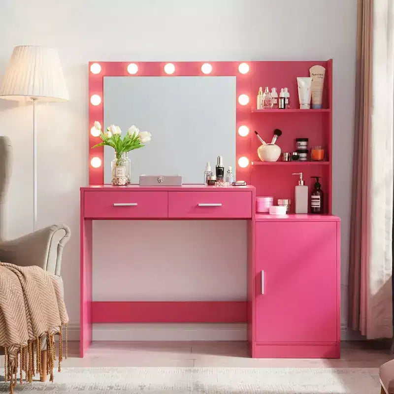 Escritorio tocador Okak de 46.4IN con espejo rectangular grande, tocador de maquillaje con 2 cajones y 1 armario grande, mesa de tocador para dormitorio o sala de estar