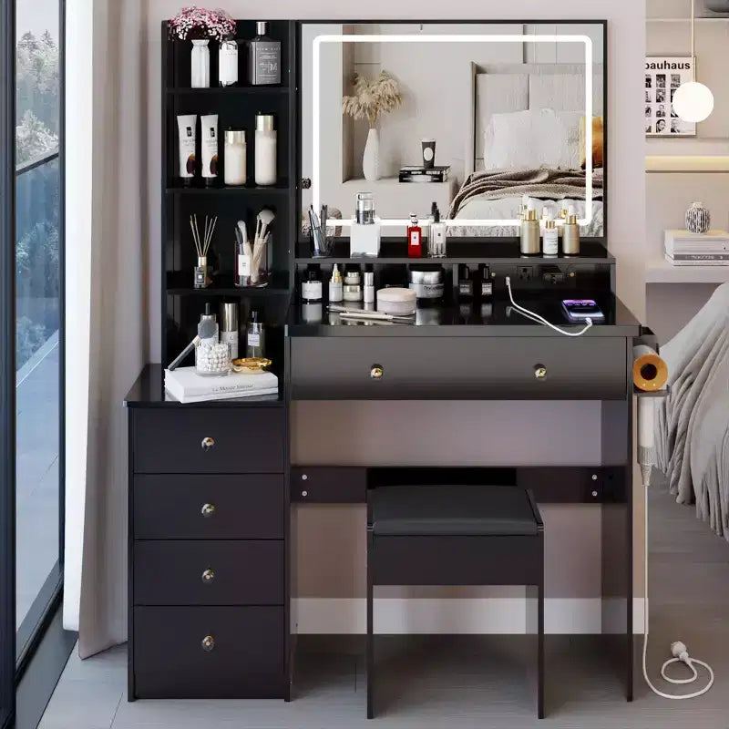 Okak 41IN Large Vanity Table with Cushioned Stool and Hair Dryer Stand, Makeup Vanity with Power Station and 3-Color Switch, Vanity Desk