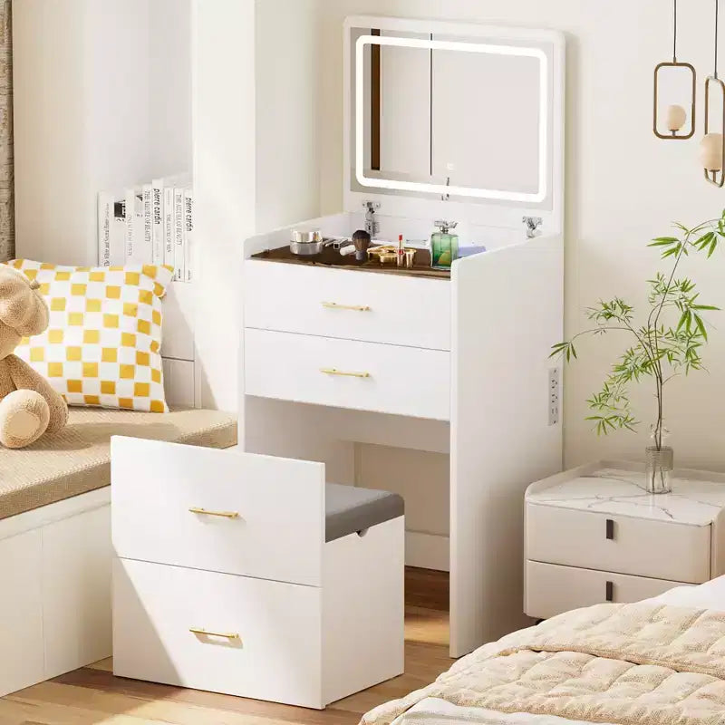 Okak 23.6IN Small Vanity Desk with Flip Top Mirror, Compact Vanity with Hidden Storage Makeup Stool, Makeup Vanity with Power Outlet, White