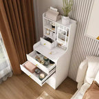 Okak 3-In-1 Small Vanity Desk with Mirror and Storage Stool, Compact Vanity with 4 Drawers and Open Shelves, Vanity Table for Bedroom, White