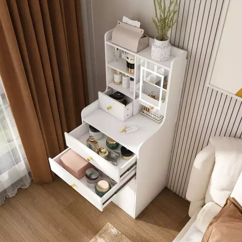 Okak 3-In-1 Small Vanity Desk with Mirror and Storage Stool, Compact Vanity with 4 Drawers and Open Shelves, Vanity Table for Bedroom, White