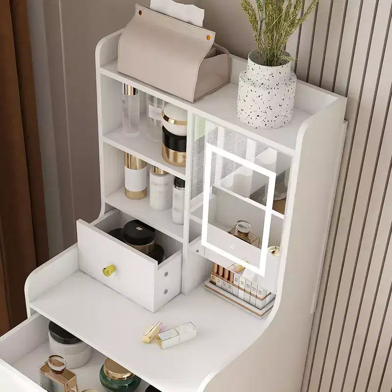 Okak 3-In-1 Small Vanity Desk with Mirror and Storage Stool, Compact Vanity with 4 Drawers and Open Shelves, Vanity Table for Bedroom, White