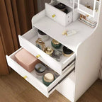 Okak 3-In-1 Small Vanity Desk with Mirror and Storage Stool, Compact Vanity with 4 Drawers and Open Shelves, Vanity Table for Bedroom, White
