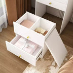 Okak 3-In-1 Small Vanity Desk with Mirror and Storage Stool, Compact Vanity with 4 Drawers and Open Shelves, Vanity Table for Bedroom, White