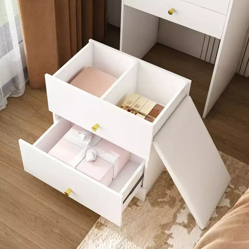 Okak 3-In-1 Small Vanity Desk with Mirror and Storage Stool, Compact Vanity with 4 Drawers and Open Shelves, Vanity Table for Bedroom, White