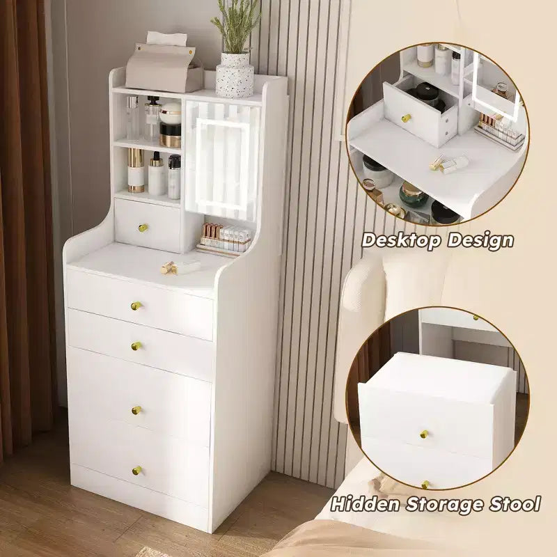 Okak 3-In-1 Small Vanity Desk with Mirror and Storage Stool, Compact Vanity with 4 Drawers and Open Shelves, Vanity Table for Bedroom, White