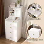 Okak 3-In-1 Small Vanity Desk with Mirror and Storage Stool, Compact Vanity with 4 Drawers and Open Shelves, Vanity Table for Bedroom, White