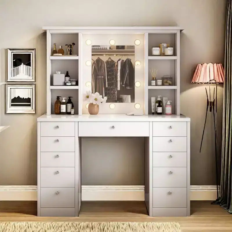 Okak Large Vanity Desk with 11 Drawers and 6 Open Shelves, Makeup Vanity with Mirror and Ample Top, Makeup Desk for Bedroom, Living Room, White