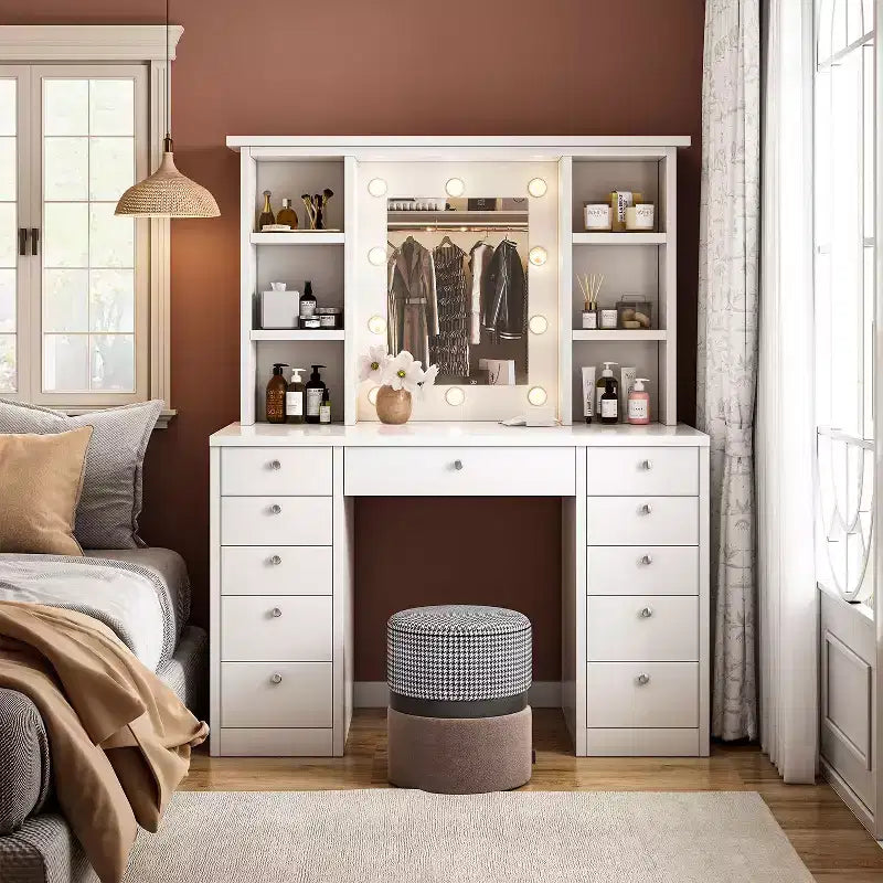 Okak Large Vanity Desk with 11 Drawers and 6 Open Shelves, Makeup Vanity with Mirror and Ample Top, Makeup Desk for Bedroom, Living Room, White