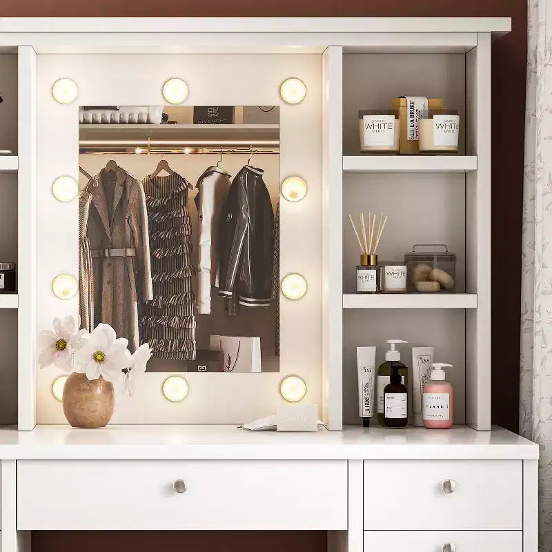 Okak Large Vanity Desk with 11 Drawers and 6 Open Shelves, Makeup Vanity with Mirror and Ample Top, Makeup Desk for Bedroom, Living Room, White