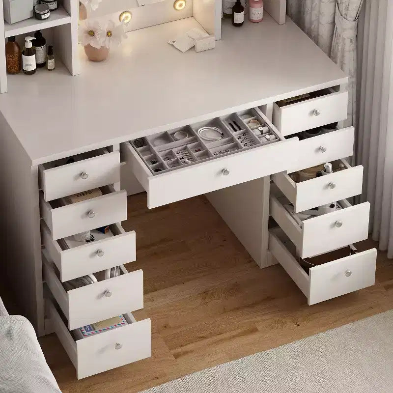 Okak Large Vanity Desk with 11 Drawers and 6 Open Shelves, Makeup Vanity with Mirror and Ample Top, Makeup Desk for Bedroom, Living Room, White