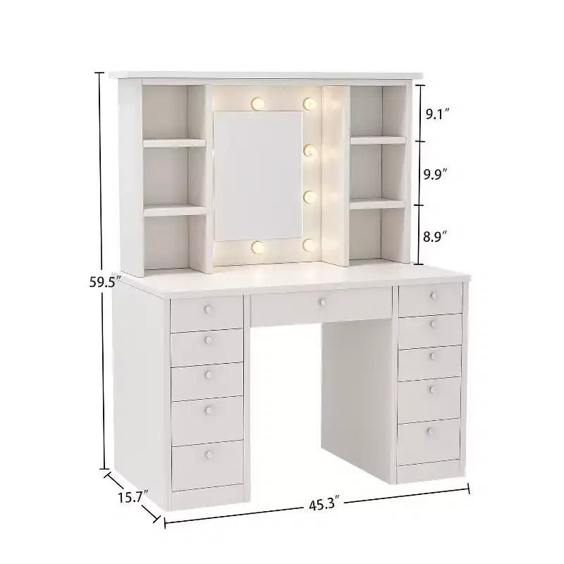 Okak Large Vanity Desk with 11 Drawers and 6 Open Shelves, Makeup Vanity with Mirror and Ample Top, Makeup Desk for Bedroom, Living Room, White