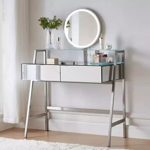 33.9 Vanity Desk with Lighted Mirror, Makeup Table Desk with Drawers, Transparent Storage Shelf and Charging Station, Vanity Makeup Table