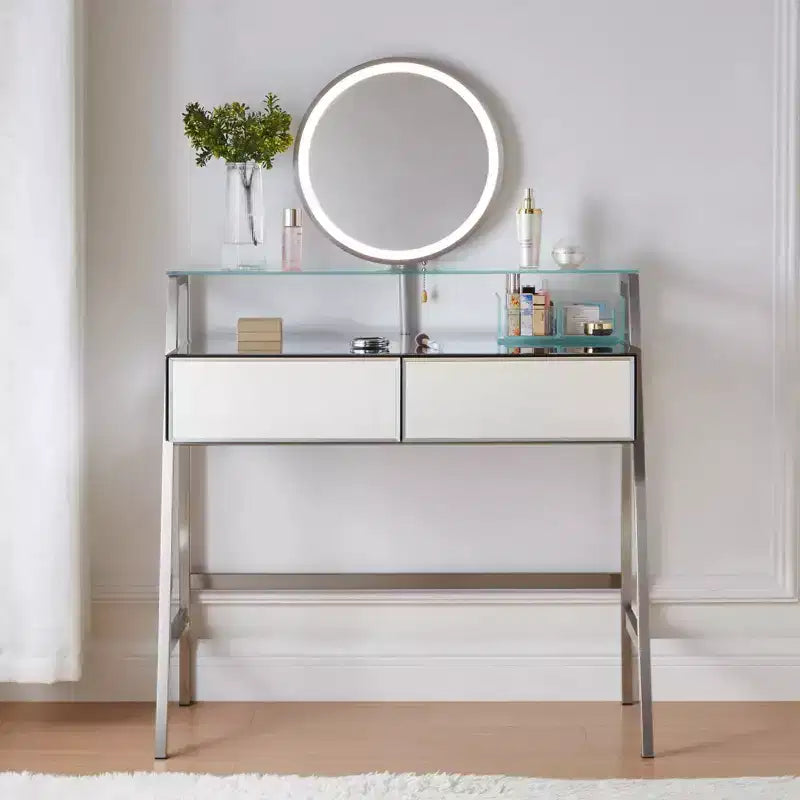 33.9 Vanity Desk with Lighted Mirror, Makeup Table Desk with Drawers, Transparent Storage Shelf and Charging Station, Vanity Makeup Table